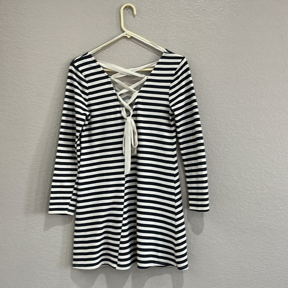 J For Justify Womens Sweater Dress Mini Striped Navy Blue Cream Sz M Cruise wear - Picture 6 of 8
